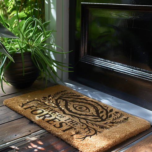 Rectangular coir doormat featuring black-ink artwork of a large all-seeing eye surrounded by branches, leaves, and forest flora. Beneath the design, the phrase “Eye of the Forest” is printed in bold serif font. Made from natural coconut coir with a vinyl backing, the mat measures 24 by 16 inches and is suitable for outdoor entryways.